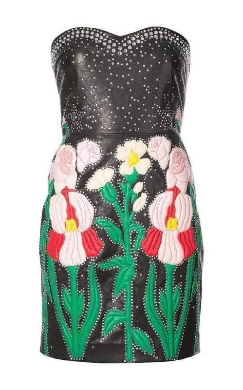 cocktail party dressLeather Flower Intarsia Strapless Dress