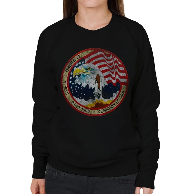 chic fitness hoodieNASA STS 36 Atlantis Mission Badge Distressed Women's Sweatshirt